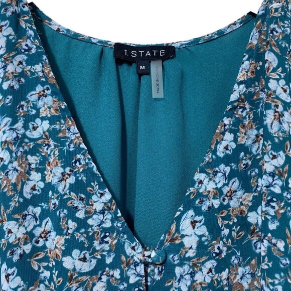 1.STATE Ruffle Dress Medium Long Sleeve Midi Green Floral Cottagecore Hi Lo - Picture 9 of 10